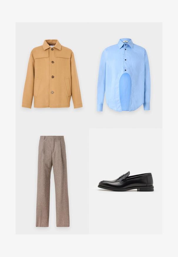 Wol jas in kameel kleur met een kraag, vier knopen en twee voorzakken. Heeft een gestructureerd ontwerp en een gladde textuur.; Lichtblauw langarmshirt met een puntkraag, zwarte knopen en een unieke uitsparing aan de voorkant voor een opvallend ontwerp.; Bruine, hooggewaisted broeken van een gestructureerde stof. Heeft wijde benen en twee voorplooien voor extra structuur. Net afgewerkt zonder zichtbare hardware.; Zwarte leren instappers met een gladde textuur, ronde neus en een decoratieve band over de wreef. Lage, gestapelde hak en minimalistisch ontwerp.