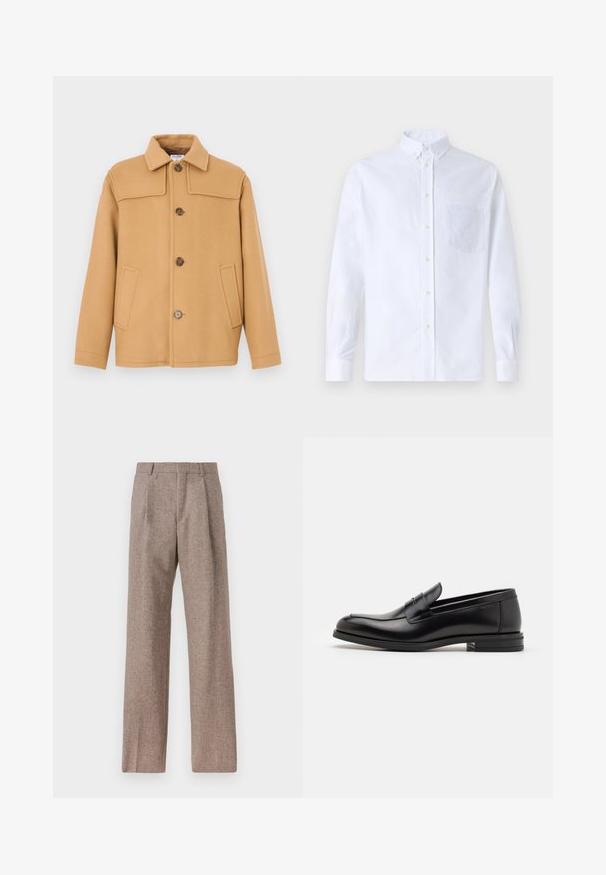 Veste en laine couleur chameau avec un col à revers, quatre boutons et deux poches avant. Présente un design structuré et une texture lisse.; Chemise blanche à manches longues avec boutons en coton, présentant une poche poitrine avec broderie ton sur ton, un col et des poignets boutonnés.; Pantalons marron taille haute en tissu texturé. Présente des jambes larges et deux plis avant pour la structure. Finition soignée sans matériel visible.; Mocassins en cuir noir avec une texture lisse, bout rond et une sangle décorative sur le dessus. Talon bas empilé, design minimaliste.