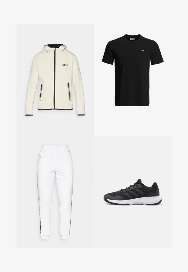 Giacca bianca con zip e cappuccio, dettagli neri e logo BOSS sul lato sinistro del petto. Presenta due tasche laterali con zip.; T-shirt in cotone nero con colletto rotondo, maniche corte e un piccolo logo di coccodrillo verde sul lato sinistro del petto. Texture liscia, design casual.; Pantaloni della tuta bianchi con cintura elastica, caratterizzati da strisce laterali nere e polsini. Realizzati in tessuto morbido con una texture liscia.; Scarpa da ginnastica nera con parte superiore texturizzata, tre strisce orizzontali e una suola bianca con battistrada a motivo. Design leggero e aerodinamico.