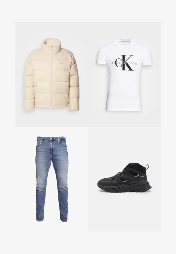 Beige boblejakke med høy krage, glidelåslukking og to sidelommer. Har et quiltet design og myk, jevn tekstur.; Hvit bomull T-skjorte med svart "CK" logo og "Calvin Klein Jeans" tekst, korte ermer og klassisk rund hals.; Blå tettsittende jeans med fem lommer, falmet vask, knappelukking og beltehemper, vist mot en hvit bakgrunn.; Sorte tursko med en lagdelt design, teksturert stoff og gummisåle, med forsterkede områder og snøring foran.