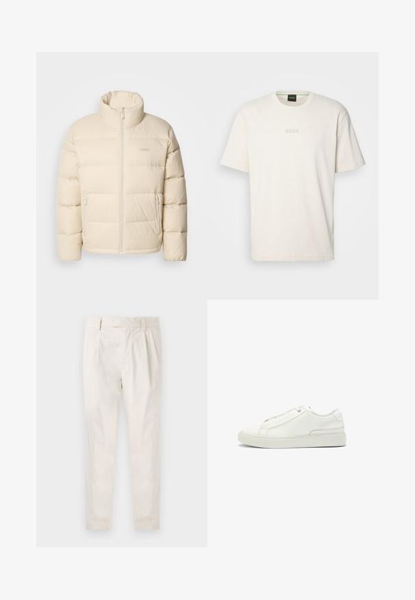 Beżowa kurtka puchowa z wysokim kołnierzem, zapięciem na zamek oraz dwiema bocznymi kieszeniami. Charakteryzuje się pikowanym wzorem i miękką, gładką fakturą.; BOSS - T-shirt basic; Białe, plisowane spodnie o dopasowanym kroju, z gładką fakturą, szlufkami na pasek i zwężanymi nogawkami. Brak widocznych kieszeni lub wzorów.; Białe skórzane sneakersy z fakturowaną cholewką, okrągłym czubkiem, minimalistycznym designem i gumową podeszwą z przeszyciami.