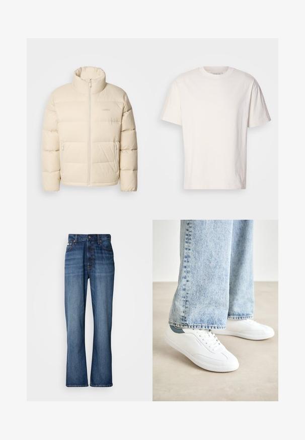 Bežna puhovka z visoko ovratnico, zadrgo in dvema stranskima žepoma. Ima prešito zasnovo in prijetno, gladko teksturo.; Kremna bombažna majica s kratkimi rokavi in krožnim izrezom. Ohlapen kroj. Na izrezu se nahaja majhna oznaka. Gladka textura.; Modre kavbojke z visokim pasom, širokimi nogami, zasnovo s petimi žepi in toniranim šivanjem. Imajo zapiranje na gumb in zakovice na žepih.; Bele superge iz gladkega materiala, z vezalkami, z teksturiranim gumijastim podplatom in teal akcentom na peti, v kombinaciji z svetlobe modrimi džinsami.