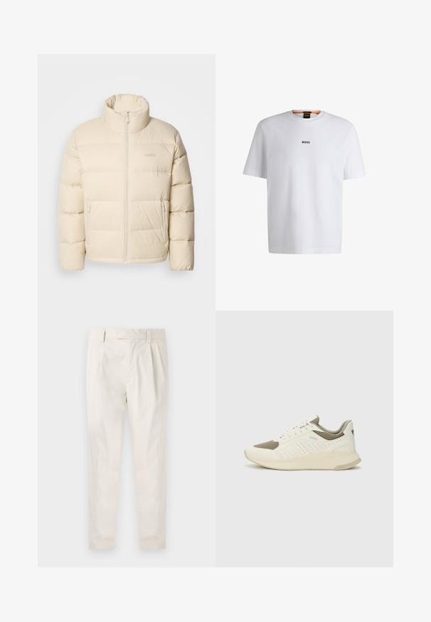 Bežna puhovka z visoko ovratnico, zadrgo in dvema stranskima žepoma. Ima prešito zasnovo in prijetno, gladko teksturo.; Bela bomba iz bombaža s kratkimi rokavi, ki ima črni logotip "BOSS" na sredini prsnega dela in okroglo obliko ovratnika.; Bele, plisirane hlače s krojenim prileganjem, z gladko teksturo, z zankami za pas in ožjimi hlačnicami. Brez vidnih žepov ali vzorcev.; Beli in svetlo bež športni copat, s mrežastim zgornjim delom, perforiranimi detajli in teksturirano srednjim delom z blagovno znamko na peti.