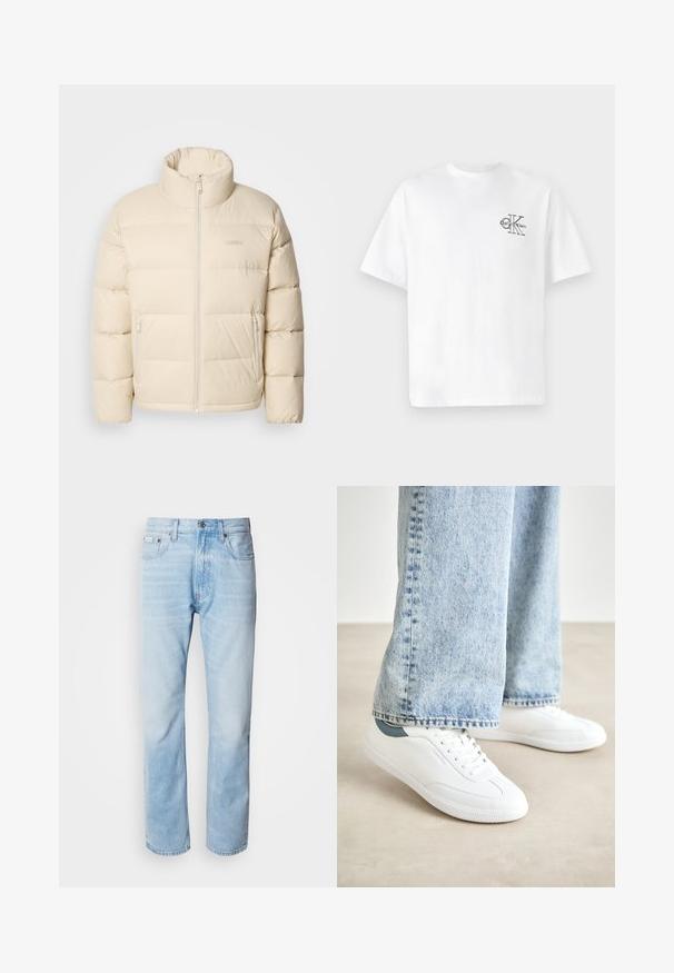 Jachetă puffer bej cu guler înalt, închidere cu fermoar și două buzunare laterale. Dispune de un design matlasat și o textură moale, netedă.; Tricou alb din bumbac, cu mâneci scurte, de tip crew neck, având un logo CK negru pe zona stânga a pieptului, croială standard, textură netedă.; Jeans din denim de culoare bleu deschis, cu croială dreaptă, prezentând secțiuni decolorate, design cu cinci buzunare și un sistem clasic de închidere cu buton.; Adidași albi din material neted, cu un design cu șireturi, talpă din cauciuc texturat și un accent verde la călcâi, asortați cu blugi bleu deschis.