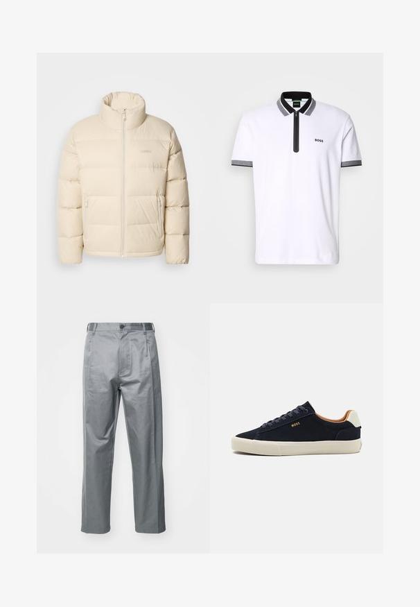 Beige puffer-takki, jossa on korkea kaulus, vetoketjulukko ja kaksi sivutaskua. Takissa on tikattu muotoilu ja pehmeä, sileä rakenne.; Valkoinen polo-paita, jossa on mustat ja harmaat kaulus- ja hiusreunat, vetoketjukiinnitys sekä brodeerattu "BOSS"-logo vasemmassa rinnassa.; Harmaat puuvillasekoitetut housut, suoran lahkeen muotoilulla, joissa on etuvaihtoehto, vyölenkit ja sivutaskut.; Lakkeat laivastonsiniset nahkakengät, joissa on beige pohja, erottuva vaaleanruskea sisus ja logo-ympäristö ulkosivulla. Kengissä on pyöreät nauhat ja sileä pinta.