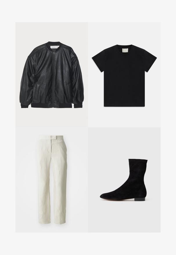 DESIGNERS REMIX MAYA JACKET - Bomberjakke - black; Sort kortærmet t-shirt med rund hals og et hvidt mærke indeni kraven, mærket "D.R.C. EST. 2002" på hvid baggrund.; Hvide linnedbukser med skræddersyet pasform, der har en flad front og lige ben. Glat tekstur med let folderdetalje.; Sorte suedestøvler til anklerne med en tætsiddende skaft, spids tå og lav blokhæl. Glat tekstur og minimalistisk design, velegnet til alsidig styling.