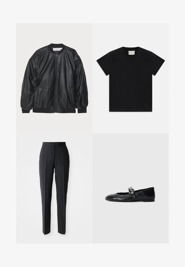 DESIGNERS REMIX MAYA JACKET - Bombera - black; Čierne tričko s krátkym rukávom a okrúhlym výstrihom s bielou štítkom vo vnútri goliera označeným "D.R.C. EST. 2002" na bielom pozadí.; Čierne nohavice so strihom rovného nohu a vysokým pásom, s prednými záhybmi, vystavené na jednoduchom svetlom pozadí.; Čierne kožené baletky s špicatou špičkou, so pásikom s okrúhlou kovovou sponou a plochou podrážkou.