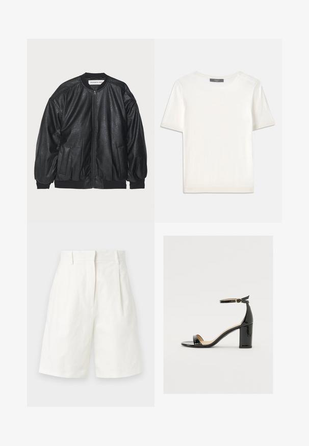 DESIGNERS REMIX MAYA JACKET - Bomber bunda - black; Bílý pletený top s krátkým rukávem a kulatým výstřihem, s hladkou strukturou a jemnými ribovými akcenty na rukávech a lemu.; WEEKEND MaxMara ECUBA - Šortky - white; Černé lakované sandály s širokým podpatkem, otevřenou špičkou a řemínkem kolem kotníku se zlatou sponou. Hladký povrch a elegantní design.