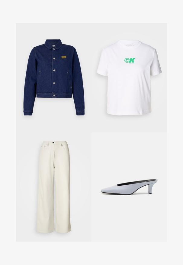 Mørkeblå denimjakke med krage, sølvfargede knappelukkinger og et lite logo-patch på venstre bryst. Har to sidelommer.; Hvit bomulls t-skjorte med rund hals og korte ermer, med et grønt Calvin Klein-logo på forsiden. Klassisk, rettsnittet design.; Kremfargede vide bukser laget av glatt stoff. Har en midje med middels høyde, glidelås foran, og to frontlommer med svarte detaljer.; Lys blå patentlær mule med spiss tå, lav gjennomsiktig hæl og en elegant design med utskjæring på vampen.