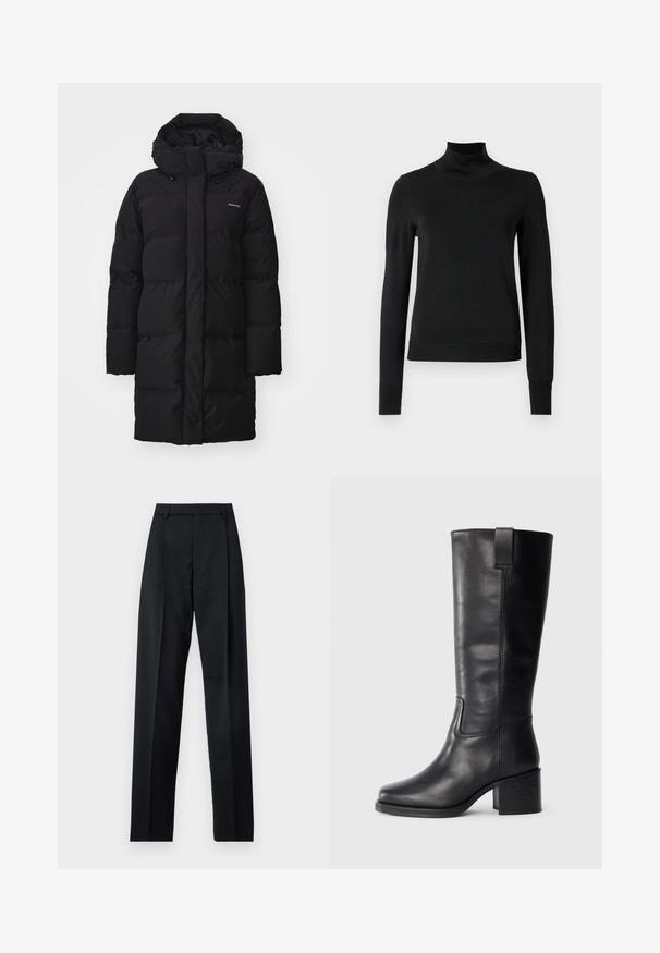 Black puffer coat with a high collar and adjustable hood, featuring quilted sections and a logo on the upper left side. Long sleeves and straight fit.; Black long-sleeve turtleneck sweater with ribbed cuffs and hem, displayed on a plain white background.; Black trousers made from smooth fabric featuring a high waist, wide legs, front pleats, and classic belt loops. No side pockets visible.; Black leather knee-high boots with a smooth texture, square toe, block heel, and side pull tab, featuring minimal stitching details.