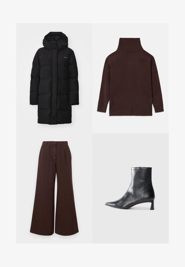 Must must coat kõrge kraega ja reguleeritava kapuutsiga, millel on tikitud osad ja logo vasakul ülanurgas. Pikad varrukad ja sirge lõige.; Pruun kudumine kõrge kaelusega särk, millel on madalad õlavarred ning ribad käe- ja allääres. Sile tekstuur ja mugav lõige.; Kõrge vöökoht, laiad pruunid püksid nupuga ja tõmblukuga, vöörihmadega ning ees olevate voltidega.; Mustad mustall nahkasaabas terava nina ja stiilse disainiga. Omab madalat konts ja luku sulgemist taga. Sile tekstuur.