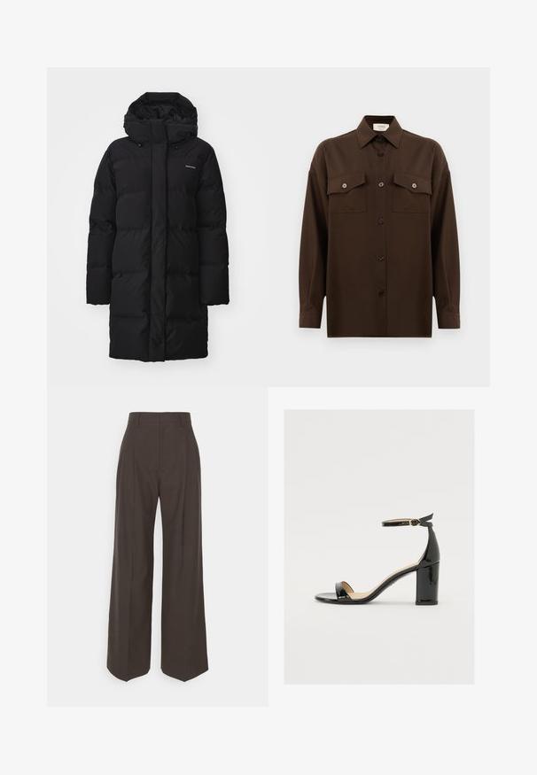 Musta puhvitakki jossa on korkea kaulus ja säädettävä hood, joka on varustettu vuoratuilla kohdilla ja logolla vasemmassa yläkulmassa. Pitkähiha ja suora fit.; Tumma ruskea pitkähihainen napitettava paita, jossa on kaksi läpällistä rintataskua ja klassinen kaulus, esiteltynä yksinkertaista valkoista taustaa vasten.; Tummanruskeat leveälahkeiset housut korkealla vyötäröllä, joissa on siistit prässäykset, sileä pinta ja muotoonommeltu istuvuus.; Mustat patenttinahtiset sandaalit, joissa on leveä korko, avoin varvas ja nilkkahihna, jossa on kultainen solki. Suora pinta ja tyylikäs muotoilu.