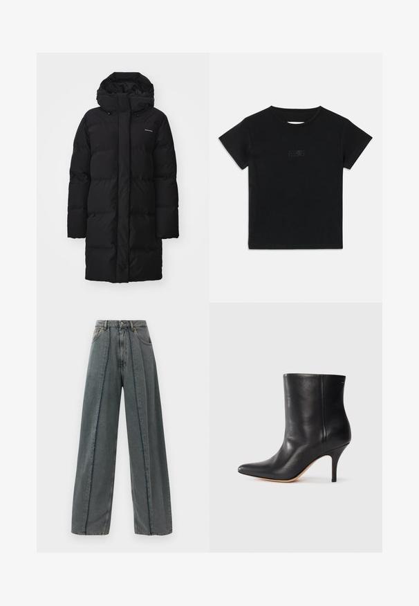 Schwarze Daunenjacke mit hohem Kragen und verstellbarem Kapuze, mit gesteppte Abschnitten und einem Logo auf der oberen linken Seite. Lange Ärmel und gerade Passform.; Schwarzes Baumwoll-T-Shirt mit kurzen Ärmeln, Rundhalsausschnitt und einem kleinen Grafikdruck in einem helleren Farbton auf der Vorderseite.; Hellegraue Denim-Jeans mit weitem Bein und hoher Taille, fransigen Nähten, die vertikal auf der Vorderseite verlaufen, sowie klassischem Fünf-Taschen-Design.; Schwarze Leder-Ankle Boots mit spitzem Zeh, schlankem Stiletto-Absatz und glatter Textur. Minimalistisches Design ohne sichtbare Beschläge oder Akzente.