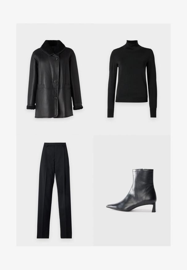 STUDIO ID NAPPA COAT - Bőrdzseki - black silky; Fekete, hosszú ujjú garbós pulóver bordás mandzsettákkal és aljjal, sima fehér háttér előtt bemutatva.; Fekete nadrág sima anyagból, magas derékkal, széles lábakkal, elülső redőkkel és klasszikus övhurkokkal. Oldalzsebek nem láthatók.; Fekete bőr bokacsizma hegyes orral és letisztult dizájnnal. Alacsony sarka és hátsó cipzáras záródása van. Simának tűnő textúra.