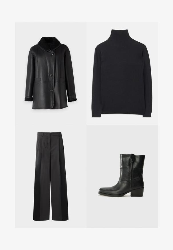 STUDIO ID NAPPA COAT - Casaco de couro - black silky; Suéter preto de gola alta feito de um tecido macio. Apresenta mangas longas, uma gola alta, e punhos e bainha canelados para um ajuste ajustado.; Calças largas pretas com cintura alta, apresentando pregas frontais, uma textura suave e um acabamento cuidado. Desenvolvidas para um ajuste relaxado.; Bota de tornozelo em couro preto com bico arredondado, salto bloco, fecho lateral e detalhes em costura na parte frontal. Textura suave, design clássico.