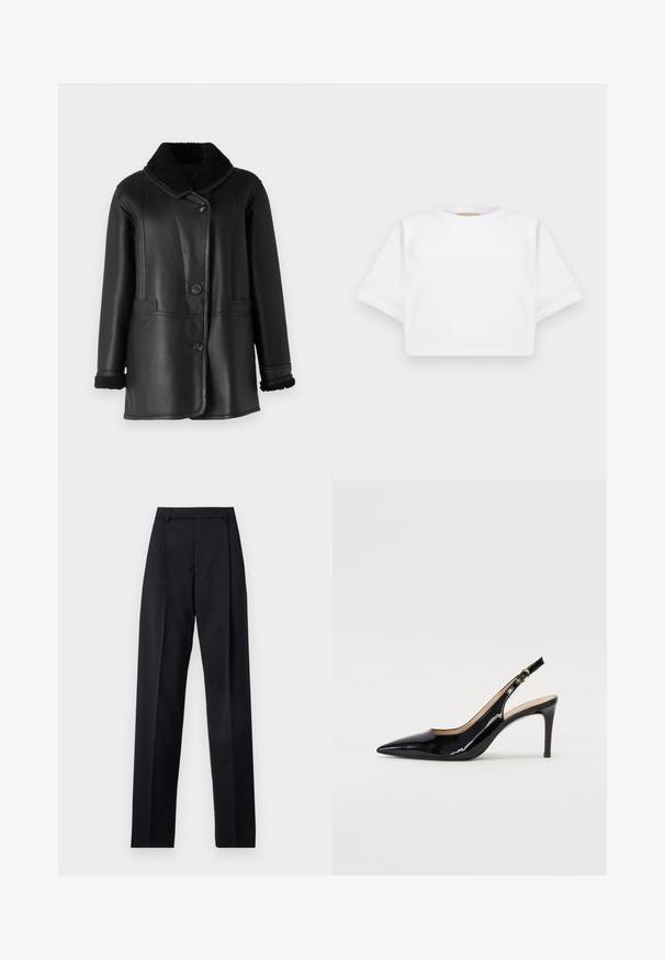 STUDIO ID NAPPA COAT - Δερμάτινο μπουφάν - black silky; Κομμένη λευκή μπλούζα φτιαγμένη από μαλακό ύφασμα, με κοντά μανικά και στρογγυλή λαιμόκοψη, καθώς και ριγωτές λεπτομέρειες στο τελείωμα. Απλός και χωρίς διακοσμήσεις σχεδιασμός.; Μαύρο παντελόνι φτιαγμένο από λείο ύφασμα με ψηλή μέση, φαρδιές γάμπες, πλάγιες πιέτες και κλασσικές θηλιές ζώνης. Δεν υπάρχουν ορατές πλαϊνές τσέπες.; Μαύρη πατέν κλίνγκμπακ άντρες με μυτερή μύτη, λεπτό τακούνι και διακριτικό σχέδιο κοψίματος. Διαθέτει χρυσό κούμπωμα στη λωρίδα.