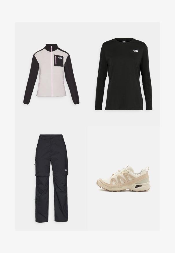Fliisjakker halli kehaga ja mustade varrukatega. Omab roosa tõmbluku ja musta rinnakotiga logo. Kaks külgmist tõmblukukotti.; Must mustahiheline T-särk, millel on pikad varrukad, valmistatud puuvillast ja ümarast kaelusest. Vasakul rinnal on väike valge logo. Lihtne disain ja sobivus.; Mustad nailonist valmistatud eemaldatavad cargo-püksid, reguleeritavate pahkluudega, mitmete taskutega ja paremal jalal logoga. Sile, kerge tekstuur.; Beež ja koobalti spordijalats tekstureeritud võrkkattega, toetavad ülemised kihid ja kummist tallaga, millel on mustriga joonistus haardeks.