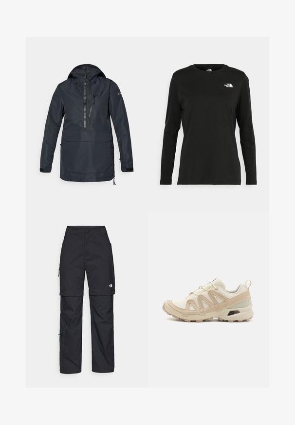 Veste imperméable bleu marine avec capuche, zip quart, poche avant avec fermeture éclair, poignets ajustables, et cordons à l'ourlet et à la capuche.; T-shirt noir à manches longues en coton avec un col rond. Présente un petit logo blanc sur la partie gauche de la poitrine. Design et coupe simples.; Pantalons cargo en nylon noir, à zip amovible, avec chevilles ajustables, plusieurs poches et un logo sur la jambe droite. Texture lisse et légère.; Baskets de sport beiges et crème avec une tige en mesh texturé, des superpositions de soutien et une semelle en caoutchouc dotée d'un motif de crampons pour une traction.