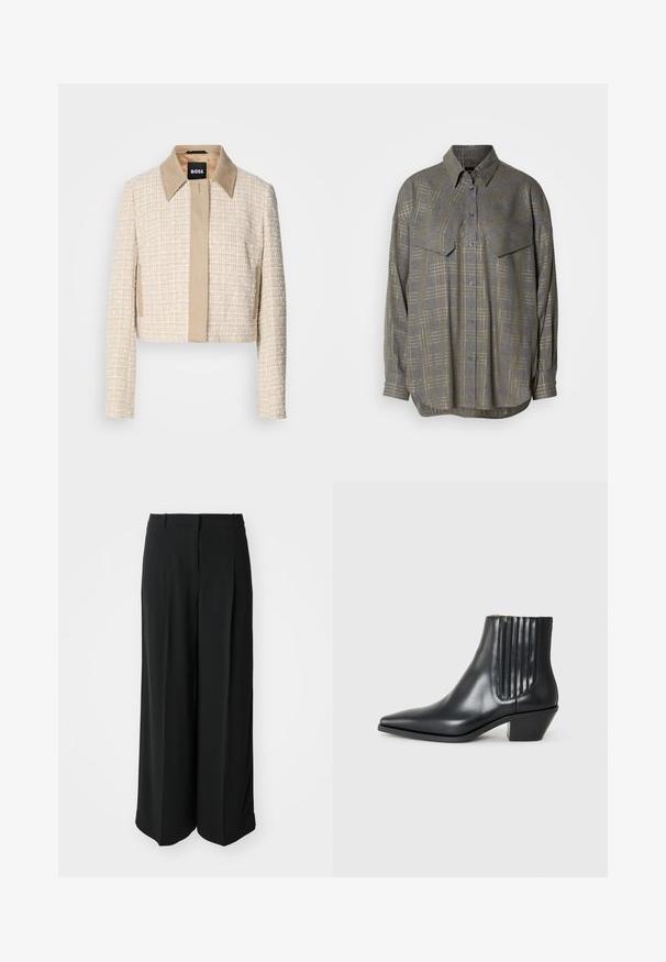 Veste courte en tweed beige clair avec un col lisse beige, dotée d'une fermeture avant simple et d'un design tissé texturé.; Chemise grise à boutons en tissu texturé, présentant un motif à carreaux dans des teintes plus claires, avec un col et deux poches sur la poitrine.; Pantalons larges noirs en tissu lisse, dotés d'une taille haute et de plis sur le devant pour un ajustement cintré.; Bottine en cuir noir avec un bout pointu, des panneaux latéraux élastiques avec des rainures verticales, et un petit talon bloc. Texture lisse et design épuré.