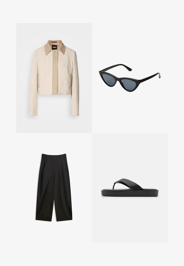 Gekürzte Jacke aus leichtem beigem Tweed mit einem glatten beigen Kragen, einfachem Verschluss vorne und einem strukturierten Gewebedesign.; Stoff mit schwarzen Gänsefüßchen auf einem hellbeigen Hintergrund. Das Design zeigt gleichmäßig verteilte, solide Kreise auf einer glatten Textur.; Schwarze weite Hosen aus glattem Stoff. Mit einer vorderen Falte, Knopfverschluss und einem taillierten Bund für eine schlanke Passform.; Schwarze Flip-Flop-Sandalen mit einem glatten Oberriemen und einer strukturierten Plattformsohle. Minimalistisches Design mit einer flachen Silhouette.; Schwarze Cat-Eye-Sonnenbrille mit dunkelgrauen Gläsern, schlankem Kunststoffrahmen, spitzen Ecken und geraden Bügeln. Keine sichtbaren Befestigungen oder Akzente.