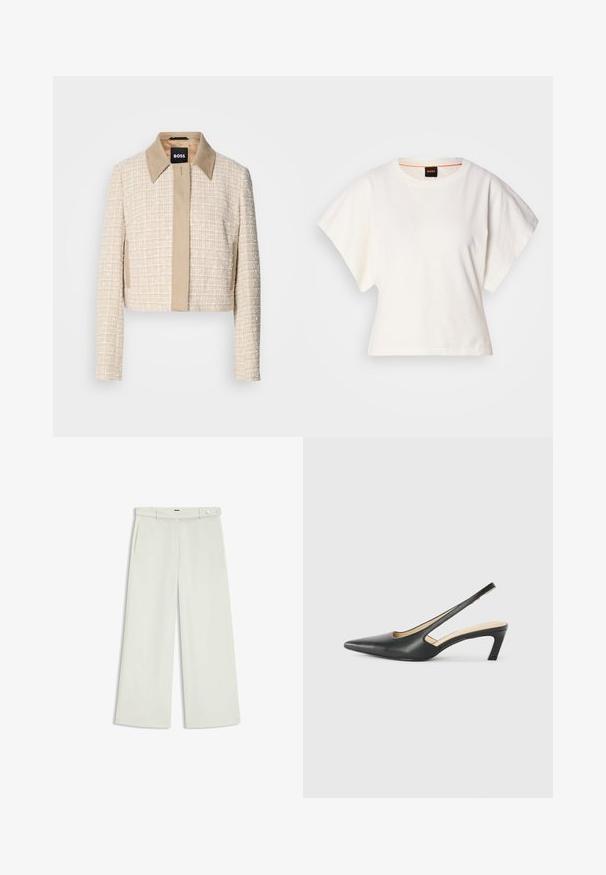 Cropped jacket in light beige tweed with a smooth beige collar, featuring a simple front closure and a textured woven design.; White cropped T-shirt, short wide sleeves, soft cotton material, round neckline with subtle orange trim, minimal design, no patterns or graphics.; Wide-leg pants in light cream fabric, featuring side pockets, a flat front, and a single button closure at the waist. Smooth texture.; Black pointy-toed slingback shoe with a low heel, featuring smooth leather material and cut-out design on the side for breathability.