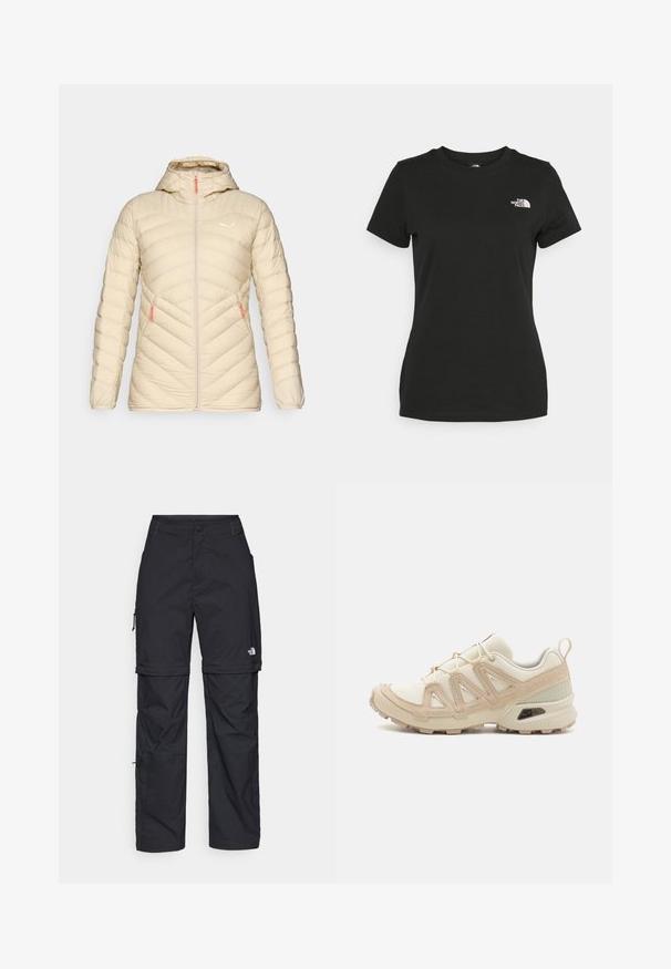 Salewa BRENTA - Páperová bunda - oatmeal; Čierne bavlnené tričko s okrúhlym výstrihom a krátkymi rukávmi. Výrazné biele logo na hornej ľavej strane. Hladká štruktúra, pohodlný strih.; Čierne nylonové cargo nohavice s odnímateľnými nohavicami, nastaviteľnými manžetami, viacerými vreckami a logom na pravej nohe. Hladká, ľahká textúra.; Beige a krémová športová obuv s textúrovaným sieťovým zvrškom, podporujúcimi prekrytiami a gumovou podrážkou s dezénom pre trakciu.