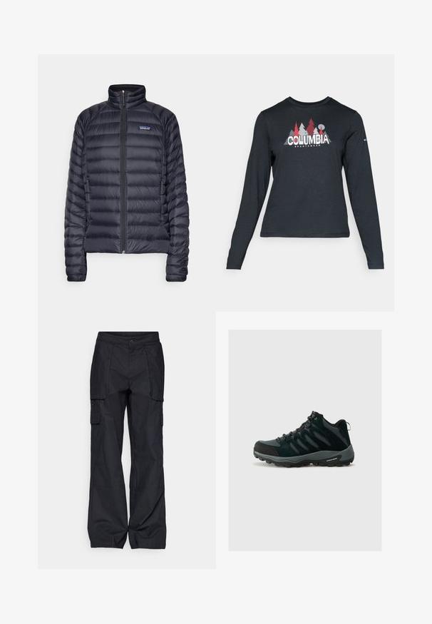 Mornarska puffer jakna s sprednjim zadrgo, visokim ovratnikom in dvema stranskima žepoma. Ima krožene sekcije in logotip Patagonia na prsih.; Majica z dolgimi rokavi temno siva z grafiko rdečih dreves in gora; logotip "COLUMBIA" v krepki beli barvi. Mehka tkanina, standarden krojen ovratnik.; Columbia BREA FALLS™ COTTON RIPSTOP PANT - Hlače za na prostem - black; Columbia REDMOND - Pohodniški čevlji - black/citron haze