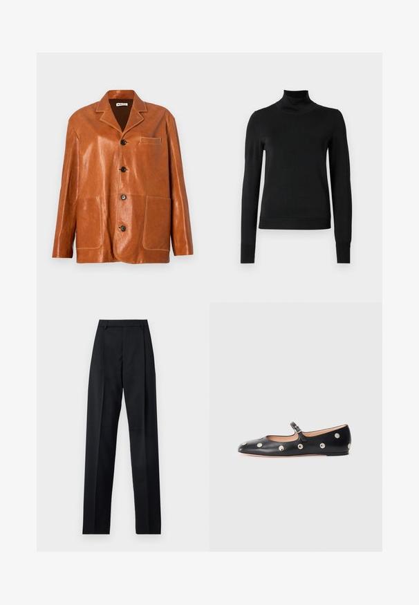 Brown leather jacket with a notched collar, front buttons, two large patch pockets, and a small chest pocket. Smooth texture with subtle shine.; Black long-sleeve turtleneck sweater with ribbed cuffs and hem, displayed on a plain white background.; Black trousers made from smooth fabric featuring a high waist, wide legs, front pleats, and classic belt loops. No side pockets visible.; Black leather Mary Jane flat shoe with a rounded toe, featuring silver circular studs and an adjustable strap with a buckle.