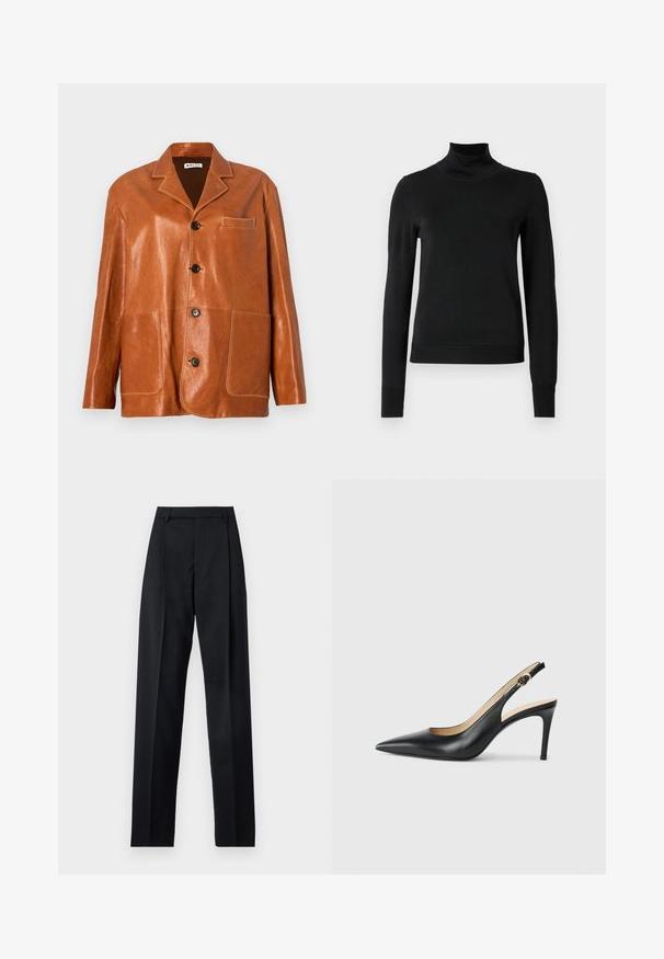 Giacca di pelle marrone con colletto a punta, bottoni frontali, due grandi tasche applicate e una piccola tasca sul petto. Texture liscia con un lieve lucido.; Pullover nero a maniche lunghe con collo alto, rifinito con polsini e orlo a coste, mostrato su uno sfondo bianco semplice.; Pantaloni neri realizzati in tessuto morbido, caratterizzati da vita alta, gambe larghe, pince frontali e classiche passanti per cintura. Non ci sono tasche laterali visibili.; Slingback in pelle nera con i tacchi alti a punta, cinturino regolabile e tacco a spillo elegante, caratterizzati da una finitura liscia.