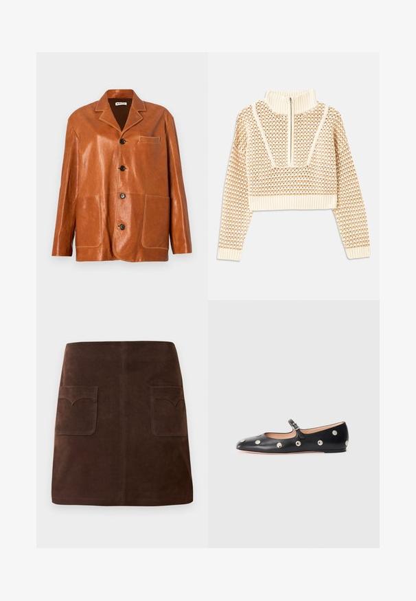 Brun læderjakke med klappet krave, frontknapper, to store påsyede lommer og en lille brystlomme. Glat tekstur med en subtil glans.; Lys beige cropped sweater med lynlås og høj hals, der har et struktureret mønster samt ribbede manchetter og nederste kant. Kombinerer strikkede og vævede materialer.; Mørkebrun ruskindnederdel med en klassisk A-formet silhuet, to forreste lommer med rundede klapper og subtile syninger.; Sorte læder Mary Jane flad sko med en rund tå, udstyret med sølvfarvede runde nitter og en justerbar rem med spænde.