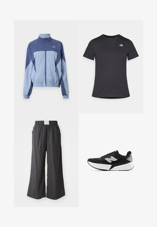 Blå og lyseblå vindjakke med ståkrage, elastiske mansjetter og logo på øvre venstre side. Lett materiale.; Svart kortermet t-skjorte laget av myk stoff, med en liten grå New Balance-logo på øvre venstre bryst, klassisk rund hals design.; Svart og gråstripete vide bukser med elastisk linning og en Nike-logo på baksiden. Lett stoff, løs passform.; Svart-og-hvitt New Balance joggesko med tykk såle, mesh-overdel og "N"-logo på siden, sett fra utsiden.