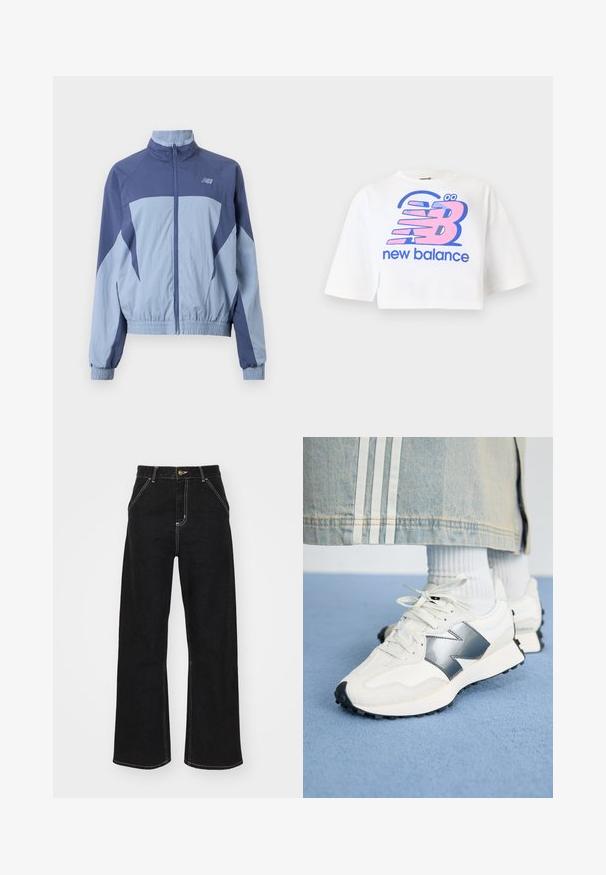 Sinine ja helesinine tuulejakki, millel on püsti krae, elastsed mansetid ja logo vasakul ülal. Kerge kangas.; Valge lühike puuvillane T-särk, millel on suur roosa ja sinine graafiline print "new balance" logost ja stiilsetest tähtedest.; Mustmustest mustadest denimist, millel on kontrastsed valged õmblused ja esine nupp, kahe nurga all asuva esipocketiga.; Valged sportlikud tenningud hõbedase aktsendiga, tekstureeritud kangast ja siledast nahast; musta kummitald ja paelad.