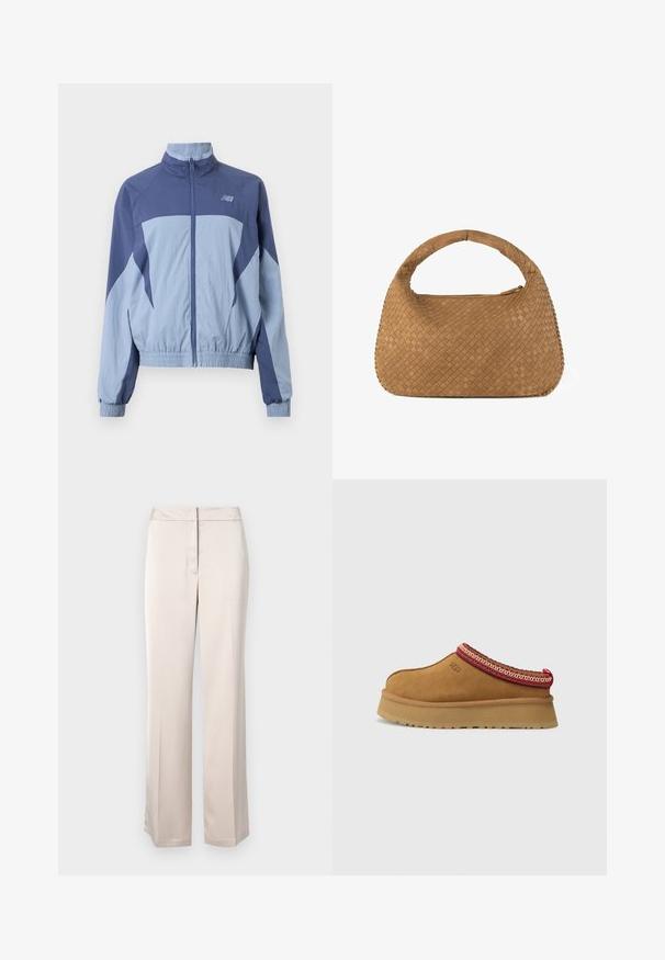 Zils un gaiši zils vēja jaku, ar stāvošu apkakli, elastīgiem piedurkņu galiem un logo augšējā kreisajā pusē. Viegls audums.; Balts tīrās kokvilnas topiņš ar vienkāršu dizainu, noapaļots dekoltē un melns "HUGO" logo centrā. Gluda tekstūra.; Bežās plašās bikses, kas izgatavotas no gludas auduma ar vienkāršu siluetu, ar plakanu priekšpusi un diskretu jostas aizdari.; Brūni zamšs iegriežamie apavi ar sarkanu un krēmīgu rakstu apdari, strukturētu zoli un UGG logotipu malā. Iezīmē vieglu platformas augstumu.; Austa tan krāsas rokassoma ar noapaļotu rokturi, izgatavota no mīkstas ādas. Tajā ir rāvējslēdzēja aizdare un sarežģīts groza pinuma raksts.