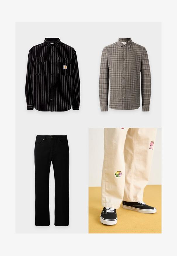 Svart langermet skjorte med hvite vertikale striper, med sprekkrafr og to brystlommer, samt en liten logo-lapp.; Langermet skjorte med knappestengning i brun og grå rutete mønster, med klassisk krage og knappelukking foran.; Svarte denimjeans med rette ben, fem lommer, knappfeste foran og subtile sømdetaljer.; Beige bomullsbukser med lekne broderte design, inkludert en rosa karakter og fargede blokker, kombinert med svarte snørebåndssko.