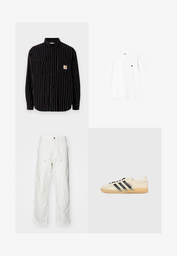 Svart langermet skjorte med hvite vertikale striper, med sprekkrafr og to brystlommer, samt en liten logo-lapp.; Hvit bomull t-skjorte med korte ermer, rund hals og en liten svart logo på venstre bryst. Myk tekstur og standard passform.; Hvite bomullscargo bukser med avslappet passform. Funksjoner inkluderer frontlommer, gullfargede detaljer og forsterkede knepartier.; Lys kremfarget sneaker med svart tre-stripes design, teksturert overdel, rund tå og gummisåle. Har snøring og merke på siden.