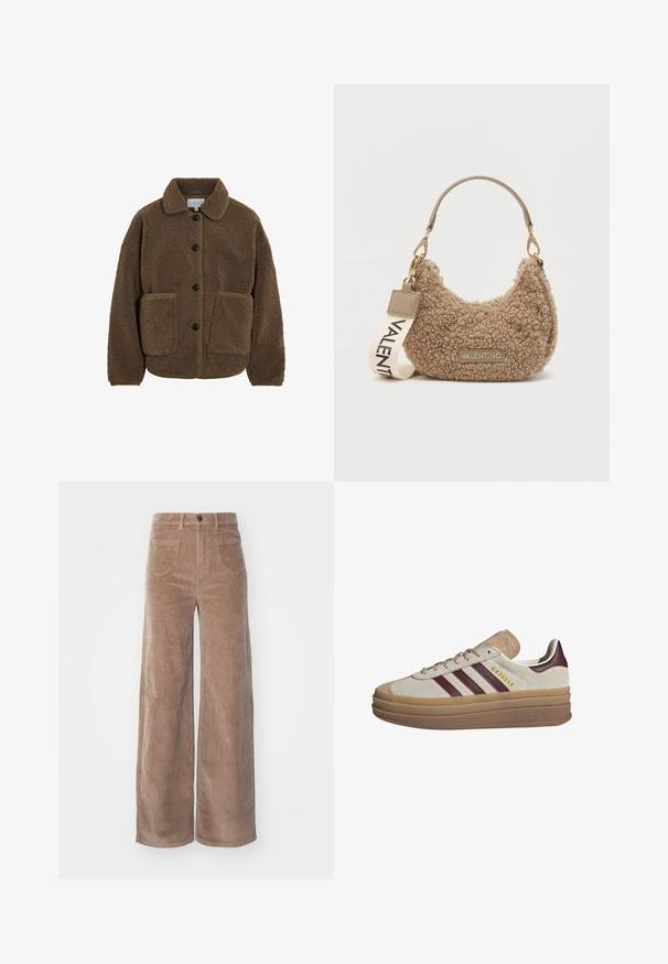 VILA GEKNÖPFTE TEDDY - Fliisjakk - fossil; Beige kudumüts, millel on pikad raglanvarrukad ja soonikpidamised ning hem, laotatuna heledale taustale.; ONLY HOPE GLOBAL HW EBBA POCKETS - Püksid - fossil; Beežidest suedesneakerid tumepunaste triipudega, valgete detailidega, paksu läbipaistva tallaga ja külgedel tõstetud brändinguga. Kinnitatav disain.; Pruun tekstuuriga käekott, mis on valmistatud pehmest materjalist, omades kõverat kuju, lühikest sangaga ning eemaldatavat rihma, millel on trükitud "VALENTINO".