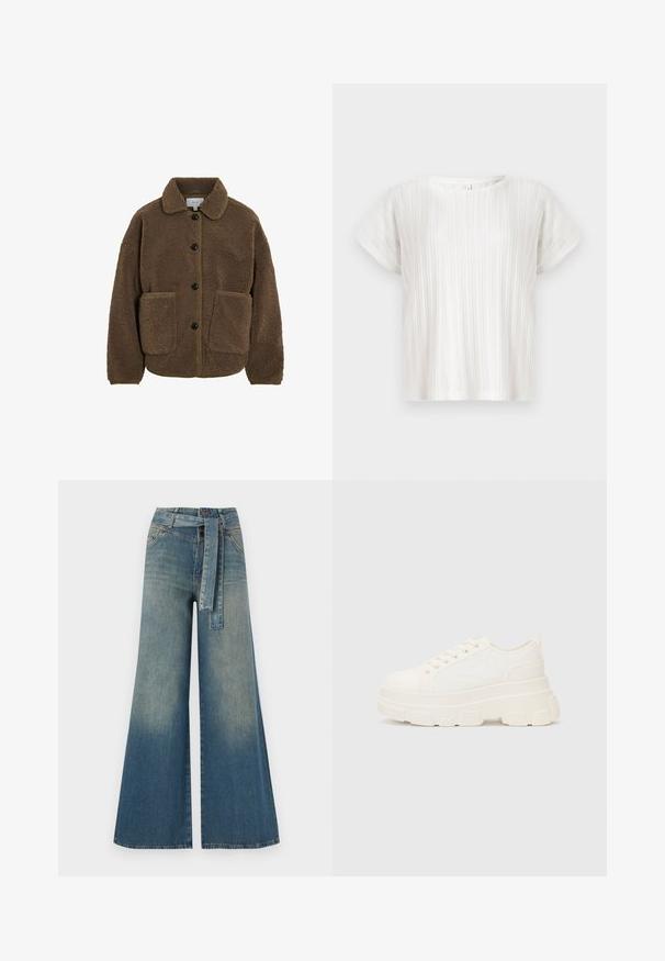 VILA GEKNÖPFTE TEDDY - Jachetă din fleece - fossil; Bluză albă cu mânecă scurtă, textură nervurată vertical și decolteu rotund. Croiala este lejeră. Material moale și ușor. Fără închidere vizibilă.; Pantaloni din denim largi, cu un gradient de la albastru deschis la albastru închis, talie înaltă, bucle pentru curea și o curea din același material. Finisaj texturat din denim.; Tenisi albi din pânză cu o talpă groasă, vârf rotund și cinci gauri pentru șireturi. Tab pentru ușurința la încălțare. Textură netedă, design minimalist.