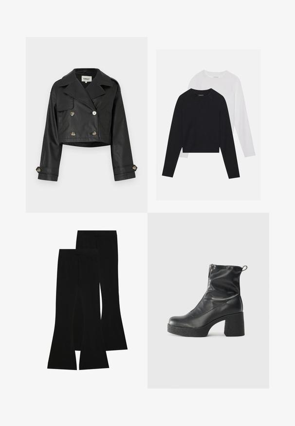Black cropped leather jacket with a double-breasted design, metal buttons, large lapels, and roll-up sleeves. Smooth texture.; Two long-sleeved shirts: one black and one white. Both feature a crew neck, raglan sleeves, and a soft cotton blend fabric.; Black flared pants made of stretch fabric, featuring a high waistband and a smooth texture, with a fitted design that flares from the knee.; Black ankle boots made of smooth leather, featuring a side zipper, chunky textured heel, and rounded toe design.
