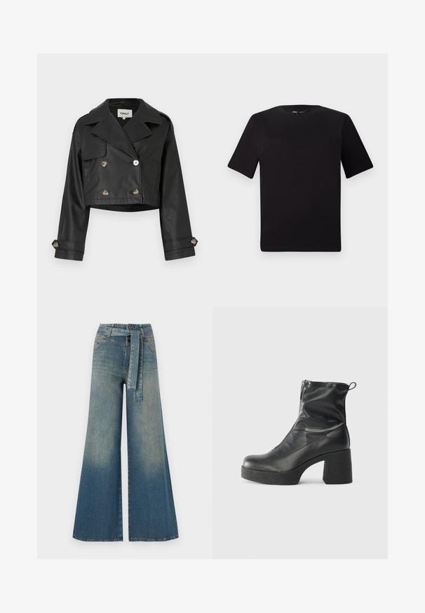 Juodas trumpas odinis švarkas su dvigubo užsegimo dizainu, metalinėmis mygtukais, dideliais atlapais ir sukamiems rankovėm. Visiškai lygus paviršius.; Juodas trumpas rankovės marškinėlis su apvaliu iškirpimu, pagamintas iš minkštos medvilnės medžiagos. Paprastas dizainas, be matomų logotipų ar raštų.; Platus džinsinis kelnes su šviesiai tamsiai mėlynu gradientu, aukštu juosmeniu, diržo kilpomis ir atitinkančiu audinio diržu. Textūruotas džinsinis paviršius.; Juodos kulkšninių botai, pagaminti iš lygaus odos, su šoniniu užtrauktuku, masyviu tekstūruotu kulnu ir apvaliu pirštu.