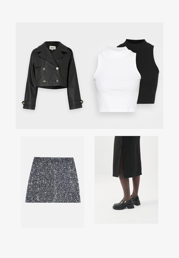 Fekete, rövid bőrkabát, dupla gombos dizájnnal, fémből készült gombokkal, nagy hajtókákkal és felgörgő ujjakkal. Sima textúra.; Két ujjatlan, bordázott garbós top fekete és fehér színben, testhezálló kialakítással és sima textúrával, rövidített hosszal.; Ezüst flitterekkel díszített mini szoknya, amely texturált mintával és egyenes szabással rendelkezik. Az anyag fényes és tükröződő hatású.; Fekete bőr cipők lekerekített orral, vastag blokk sarkakkal és elasztikus oldalsó díszítésekkel, sötét harisnyával és hasítékkal ellátott fekete szoknyával párosítva.