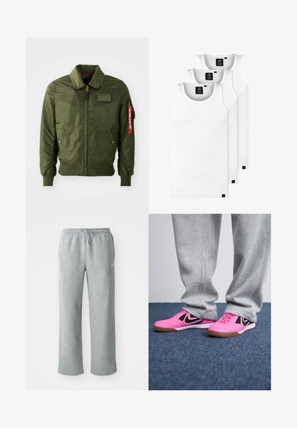 Olivengrønn bomberjakke, blank nylonmateriale, glidelås-lukking, ribbestrikkede mansjetter og hem, har et merke på brystet og rød merkeetikett på ermet.; Tre hvite ribbestrikkede tank topper laget av bomull. Har en rund hals og små svarte etiketter nær kanten. Tilgjengelig i flere størrelser.; Grå bomulls joggebukser med elastisk midje, snor i lukking og rette ben. Har en liten logo på øvre venstre side.; Rosa treningesko med svarte detaljer, snøring og gummisåle. Grå joggebukser dekker delvis skoene, plassert på et blått teppe.