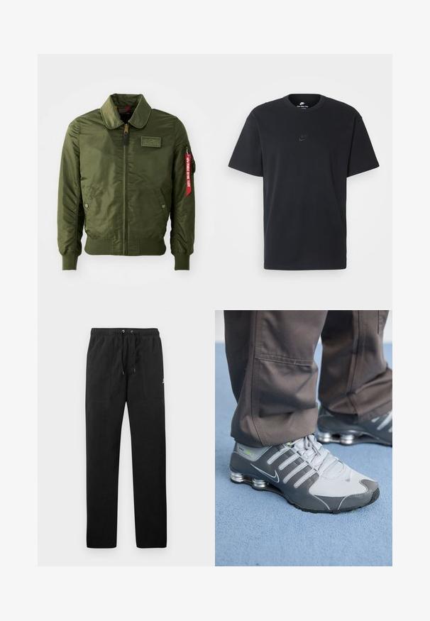 Olivzaļš bombera stila džempera jaka ar rāvējslēdzēja aizdares, apaļu apkakli, ribainiem aprocēm, divām sānu kabatām un sarkanu auduma zīmīti piedurknē.; Nike melns kokvilnas T-krekls ar klasisku piegriezumu, īsām piedurknēm un smalku, reljefu logotipu uz krūškurvja. Gluda tekstūra.; Melnas sporta bikses, izgatavotas no flīsa, ar elastīgu jostasviedi un auklām, diviem priekšējiem kabatām un nelielu logo uz augšstilba.; Pelēki un sudraba Nike Shox sporta apavi izceļas ar elegantu dizainu, izmantojot acu un sintētiskos materiālus, apaļu purngalu un mīkstinātu apkakli.