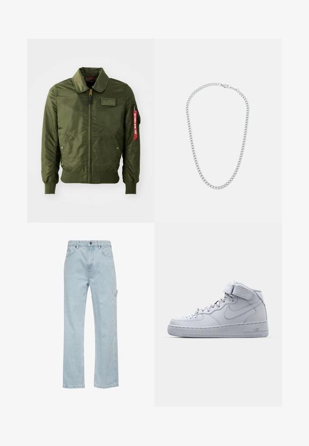 Bomber bunda olivovo zelenej farby so zipsom, okrúhlym golierom, rebrovanými manžetami, dvoma bočnými vreckami a červenou textilnou nášivkou na rukáve.; Čierne bavlnené tričko s krátkymi rukávmi, okrúhlym výstrihom a bielym podpisovým logom potlačeným na prednej strane. Hladká textura a voľný strih.; Svetlomodré denimové džínsy so strihom rovného nohavice, s prednými a zadnými vreckami a bočným cargo vreckom. Hladký povrch, neformálny štýl.; Vysoké šedé tenisky Nike Air Force 1 s koženým zvrškom, polstrovaným golierom a suchým zipsom. Ikonický dizajn má perforovanú špičku.; Strieborný kovový náhrdelník z retiazky s prepojenými článkami a bezpečnou sponou, hladký povrch, rovnomerný finiš a klasický dizajn.