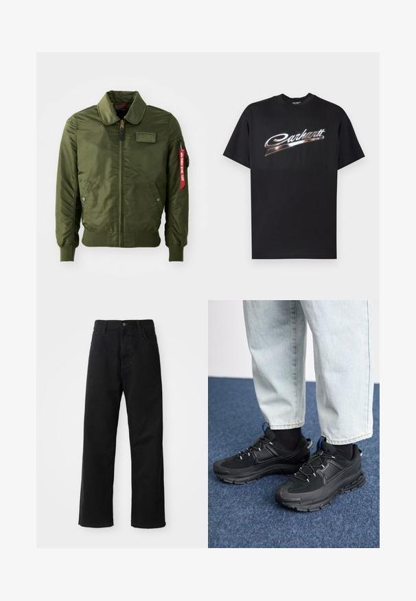 Olivno zelena bomberska jakna z zadrgo, okroglim ovratnikom, rebrastimi manšetami, dvema stranskima žepoma in rdečo tkanino etiketo na rokavu.; Črna bombažna majica s sijočim srebrnim napisom »Carhartt« v elegantni pisavi čez prsni del, kratkimi rokavi in okroglim izrezom.; Črni kavbojki z ravnim krojem, ki imajo sprednje žepke, zadrgo in en zgornji gumb. Teksturovan material z mat zaključkom.; Črne športne čevlje z teksturirano tkanino in gumijastimi podplati, ki imajo elastične vezalke ter modre poudarke na peti. Nosi se z lahkimi denim hlačami.