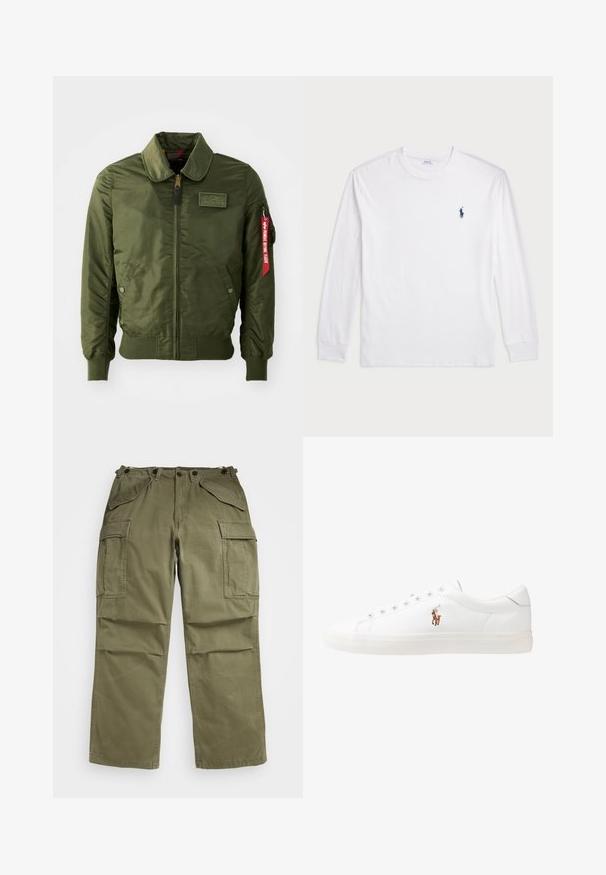 Olivzaļš bombera stila džempera jaka ar rāvējslēdzēja aizdares, apaļu apkakli, ribainiem aprocēm, divām sānu kabatām un sarkanu auduma zīmīti piedurknē.; Baltas garām piedurknēm T-krekls, izgatavots no kokvilnas. Tam ir apaļa kakla izgriezne, ribotas piedurknes un neliels tumši zilas polo logo kreisajā krūtī.; Olive zaļas militārās bikses, izgatavotas no teksturēta auduma, ar vairākām priekšējām un sānu kabatām un pastiprinātām šuvēm.; Baltas ādas sporta apavi, zema dizaina, ar gludu tekstūru, noapaļotu purngalu, ar auklēm priekšpusē un nelielu izšūtu logotipu sānos.