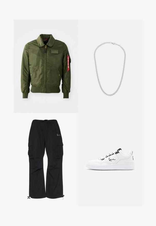 Olivengroene bomberjack met ritssluiting, ronde kraag, geribde manchetten, twee zijzakken en een rood stoffen label aan de mouw.; Witte katoenen t-shirt met een ronde halslijn en korte mouwen, voorzien van een zwart geborduurd logo in het midden van de borst.; Zwarte cargobroek van lichtgewicht stof, met een elastische tailleband met koord, zijzakken en verstelbare manchetten.; Witte leren sneaker met zwarte accenten, voorzien van een handtekeninglogo aan de zijkant, ronde neus en een textuur rubberen zool.; Zilveren metalen ketting met in elkaar grijpende schakels en een veilige sluiting, gladde textuur, gelijkmatige afwerking en een klassiek ontwerp.