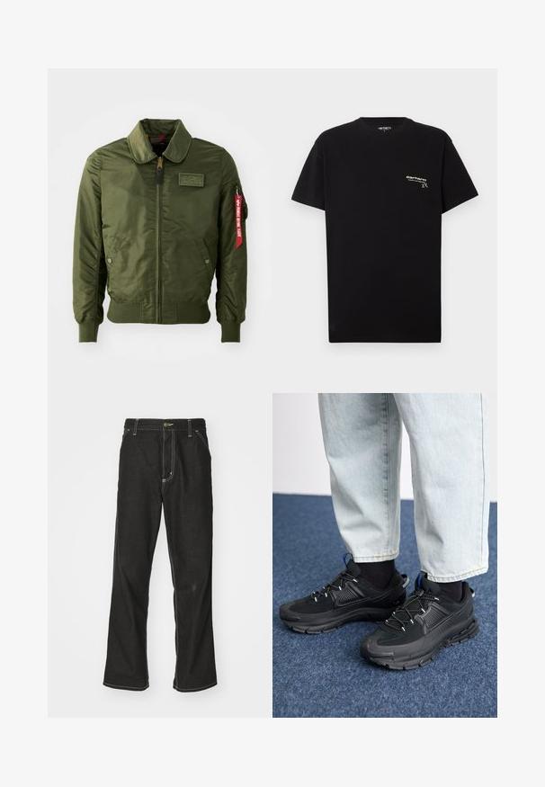 Olivno zelena bomberska jakna z zadrgo, okroglim ovratnikom, rebrastimi manšetami, dvema stranskima žepoma in rdečo tkanino etiketo na rokavu.; Črna bombažna majica s kratkimi rokavi, okroglo izrezano ovratnikom in majhnim belim logotipom natisnjenim na levem delu prsnega koša.; Črne jeans hlače ohlapenega kroja, ki imajo kontrastno belo šivanje, zapiranje na gumb in ravno nogavico.; Črne športne čevlje z teksturirano tkanino in gumijastimi podplati, ki imajo elastične vezalke ter modre poudarke na peti. Nosi se z lahkimi denim hlačami.