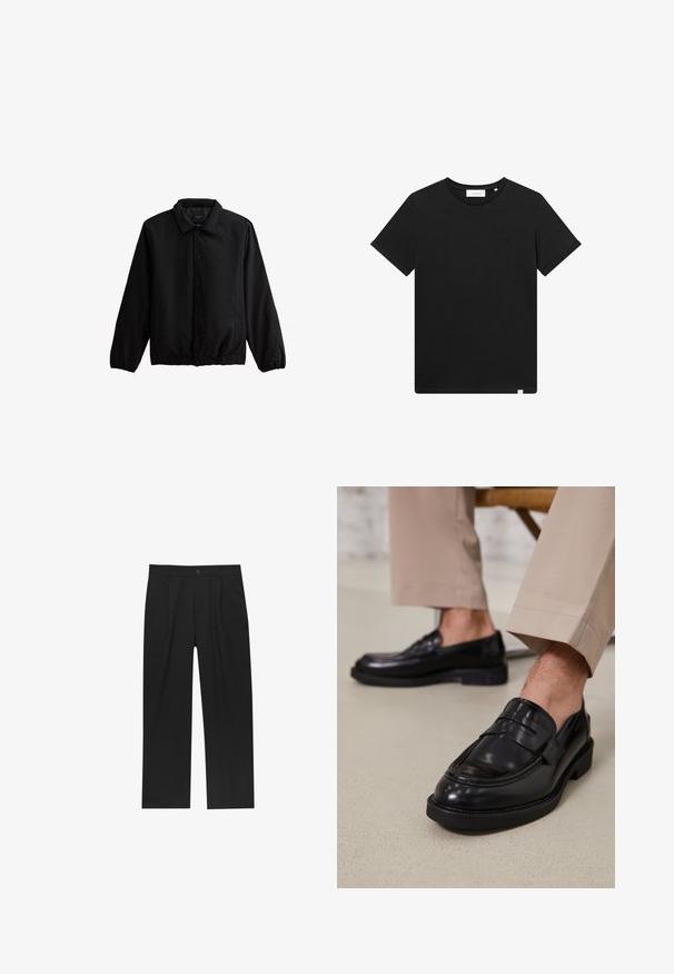 Czarna, lekka kurtka z kołnierzykiem, z przodem zapinanym na zatrzaski, elastycznymi mankietami i dołem, z dwiema bocznymi kieszeniami oraz gładką fakturą materiału.; Czarna koszulka z krótkim rękawem wykonana z bawełny, z okrągłym dekoltem i małym logo haftowanym na piersi. Gładka tekstura, standardowy krój.; Czarne spodnie o prostym kroju, wykonane z gładkiego materiału. Posiadają zakładki z przodu i pojedyncze zapięcie na guziki w pasie.; Czarne skórzane mokasyny o gładkim wykończeniu, z dekoracyjnym paskiem i kontrastowym szwem, w połączeniu z beżowymi spodniami.