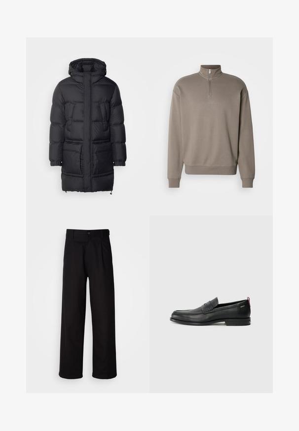 Colmar Originals MENS - Puhovka – plašč - black; Rjav zip-up pulover s visokim ovratnikom, rebrastimi manšetami in spodnjim robom. Ima majhen znak na sredini. Narejen je iz mehkega materiala.; Črne hlače iz gladkega blaga, s straight-leg obliko, sprednjimi pregibi in enim gumbom za zapiranje v pasu.; Črne usnjene loafer čevlje z teksturiranim sprednjim delom in gladkimi stranmi. Imajo ozko peto in zadnji zanko za enostavno obuvanje. Klasična zasnova.