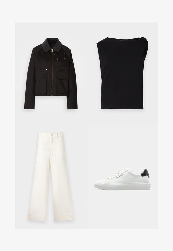 Casaco preto curto feito de um tecido durável, com fecho de correr à frente, colarinho contrastante e múltiplos bolsos frontais com acabamentos em latão.; Top preto de manga curta feito de tecido suave. Apresenta um decote redondo e detalhe drapeado no ombro. Design simples e ajustado.; Calças largas em algodão bege claro. Apresentam uma cintura alta, bolsos frontais e um corte reto. Acabamento de bainha limpo, sem padrões.; Sapatilha branca com acabamento liso, detalhe preto no calcanhar e design com atacadores. Apresenta a marca "Calvin Klein" na lateral. Estilo minimalista.